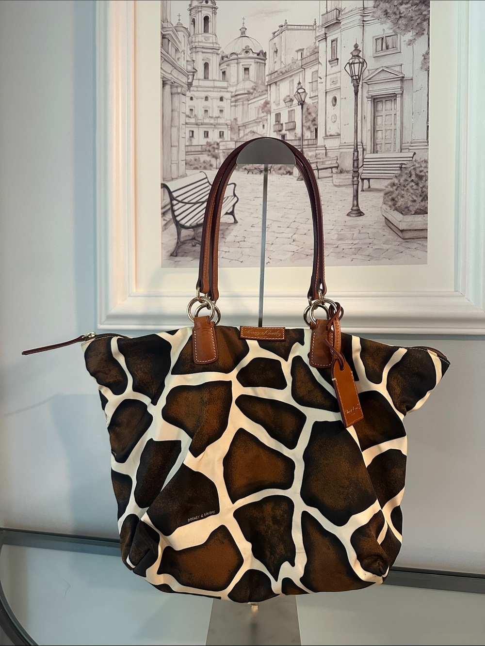 Dooney & Bourke Giraffe Print Nylon & Leather Shoulder Bag Tote